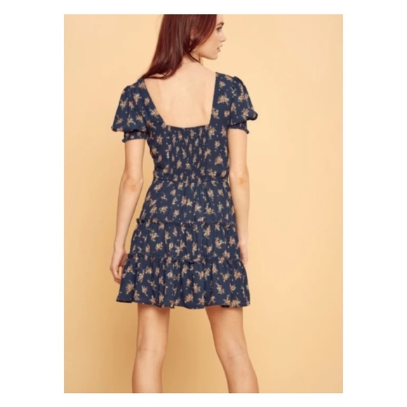 Navy Floral Tiered Dress TRIXXI Square Neckline Lettuce Ruffle Size Large - Picture 2 of 9